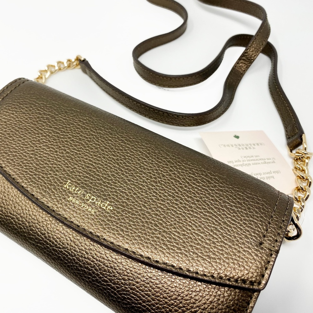 kate spade metallic olive green crossbody wallet with gold hardware